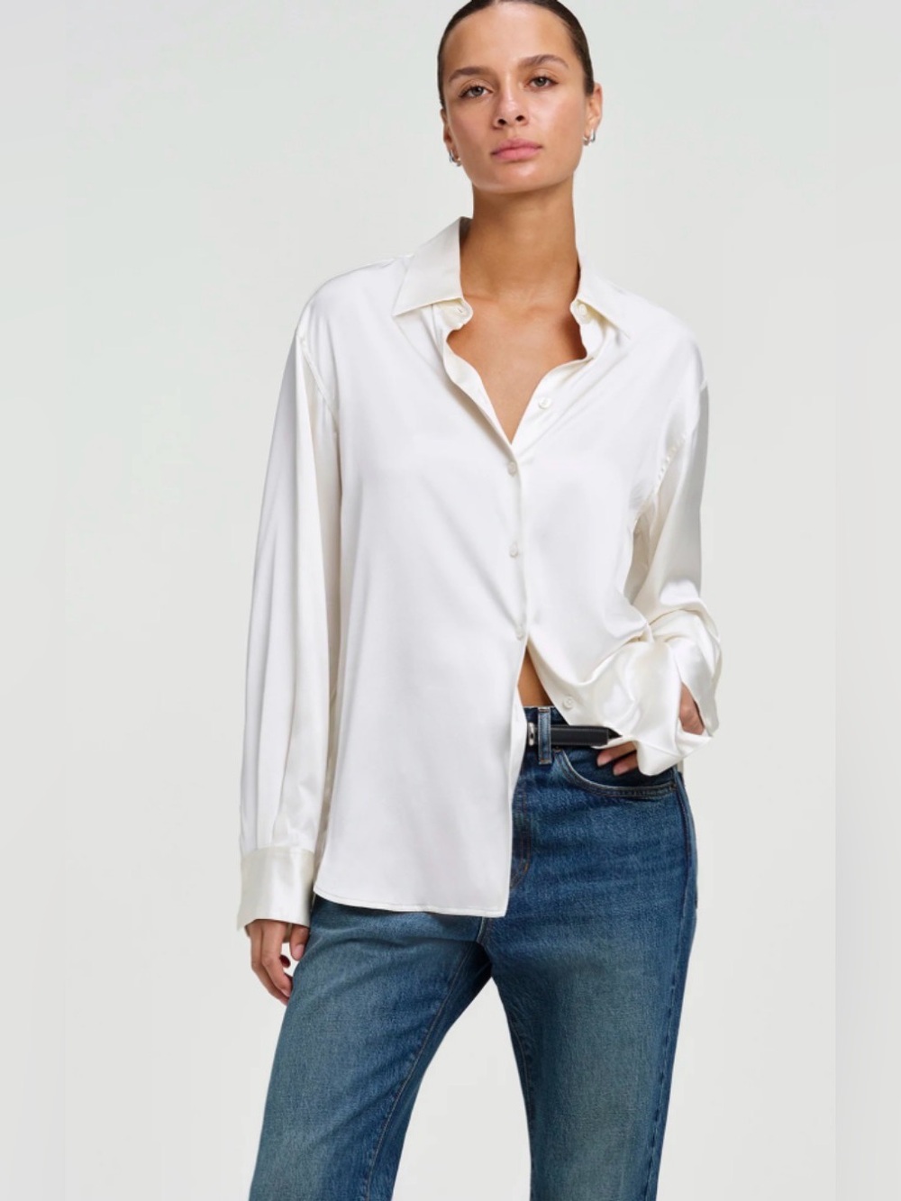 Rachel Zoe Cream Colored Satin Looking Button Down Long Sleeve Blouse, size Lg
